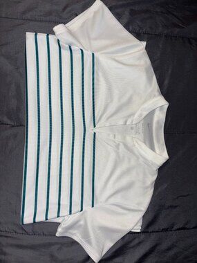 Nike Dri-FIT Women’s Golf Polo Small White Teal Striped Short Sleeve Shirt